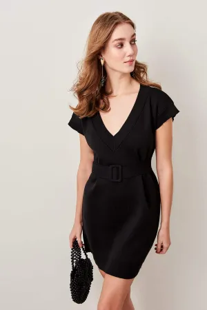 11595 Black Belted Cotton Blend Sweater Dress