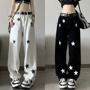 2024 Aesthetic Retro Fashion Star Print Streetwear Straight Fit Baggy Relax Fit Denim Jeans