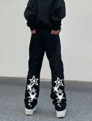 Aesthetic Wide Leg Straight Loose Star Print Streetwear Black Jeans