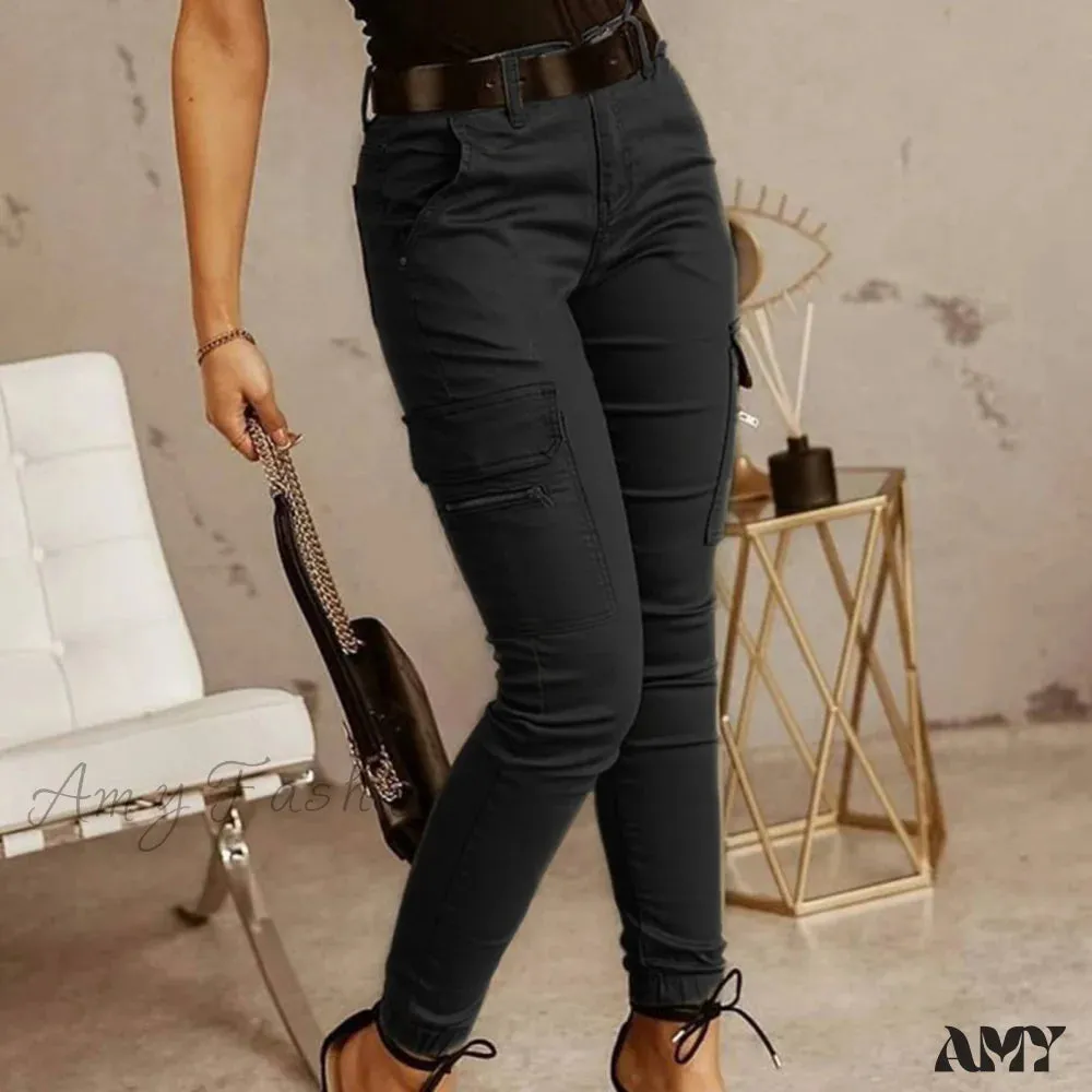 Amy Fashion - Fashion Solid Color Casual Pocket Button Zipper Slim Trousers