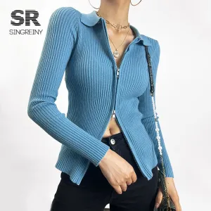 Autumn Zipper Knitted Sweater Women Turndown-Collar Long Sleeve Elastic Tops