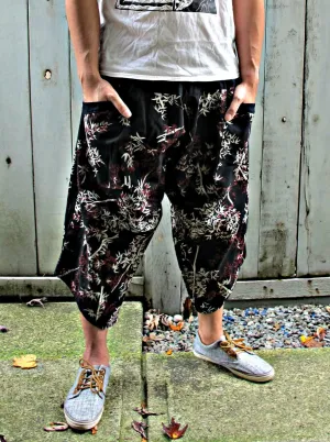 Bamboo Leaves  (BLACK) Elastic Waist Samurai Pants