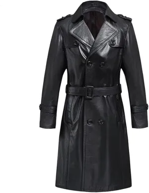 Belted Leather Trench Coat with Gun Flap