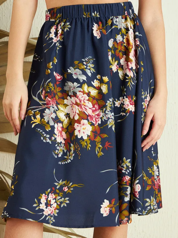 Berrylush Women Navy Blue Floral Printed High-Rise Elastic Waist Slip-On Straight Hem A-Line Midi Skirt