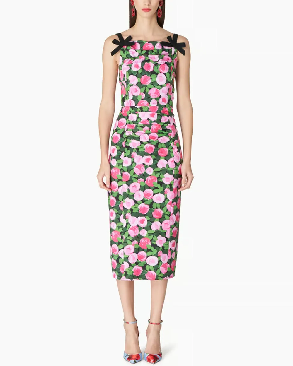 Black Rosebud Print Ruched Midi Dress