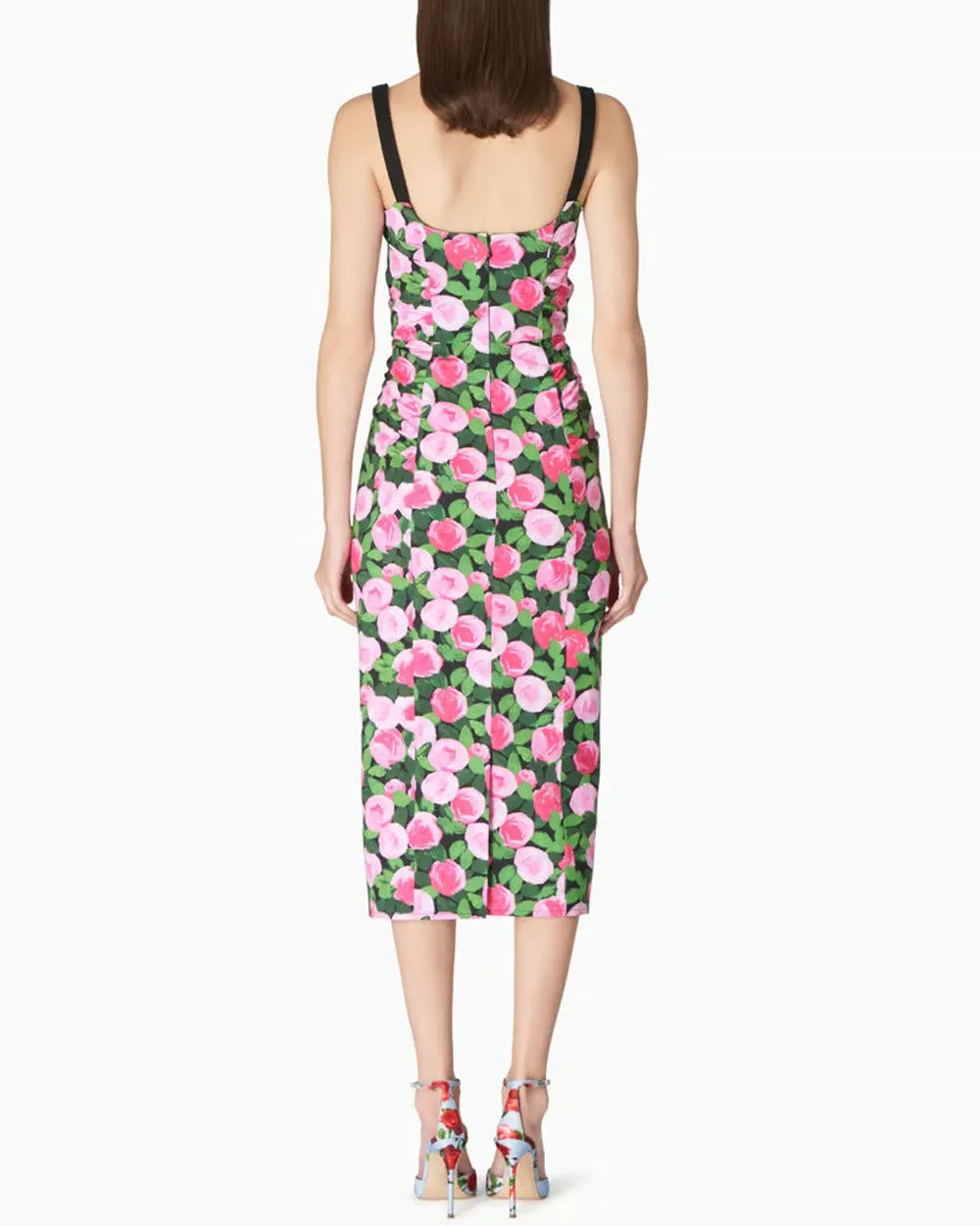 Black Rosebud Print Ruched Midi Dress