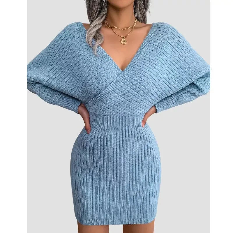 Blue Bodycon Sweater Dress V neck Batwing Sleeve Sexy Dress