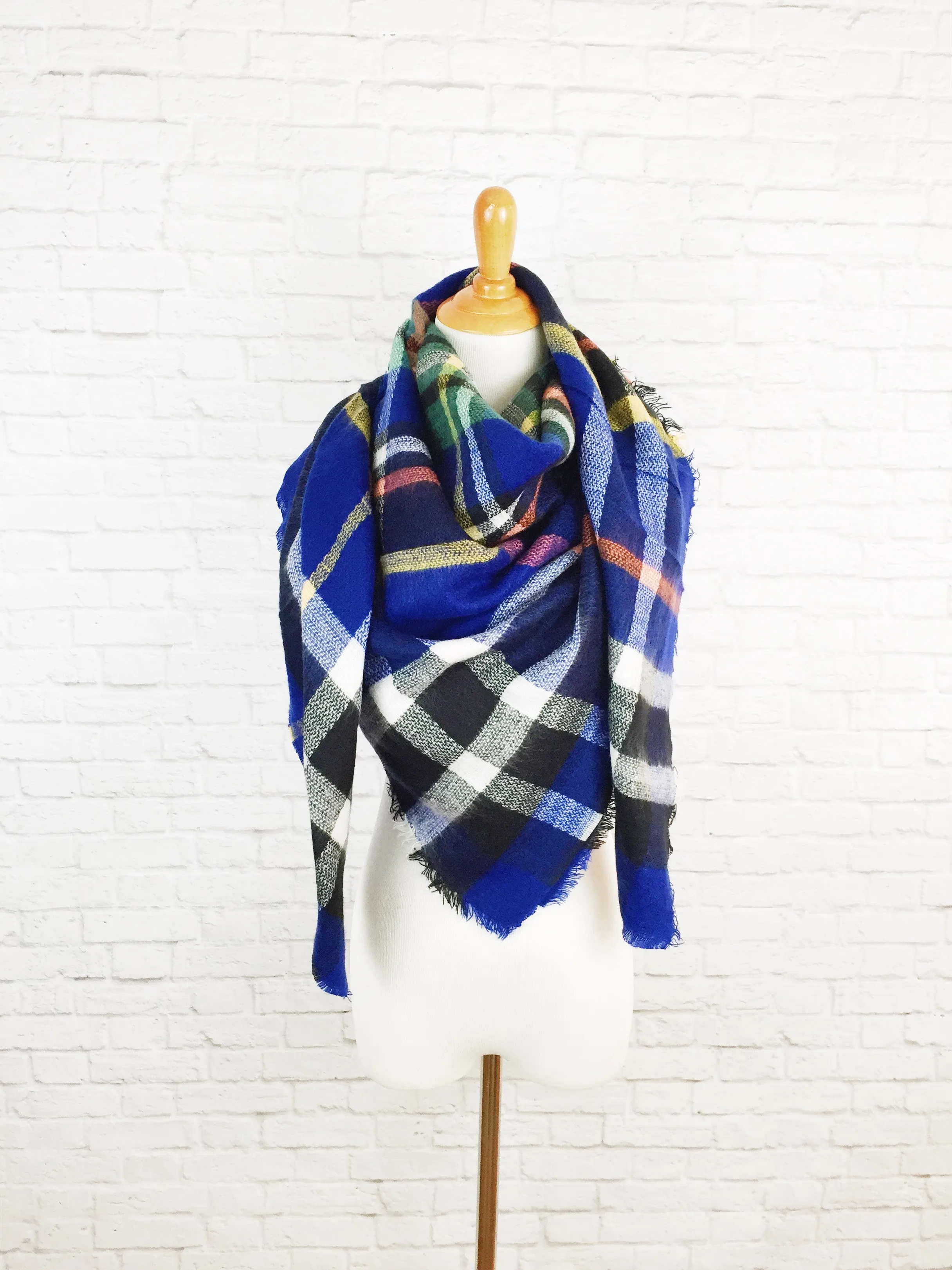 BLUE PLAID Blanket Scarf Handmade Tartan Shawl Wrap Warmer