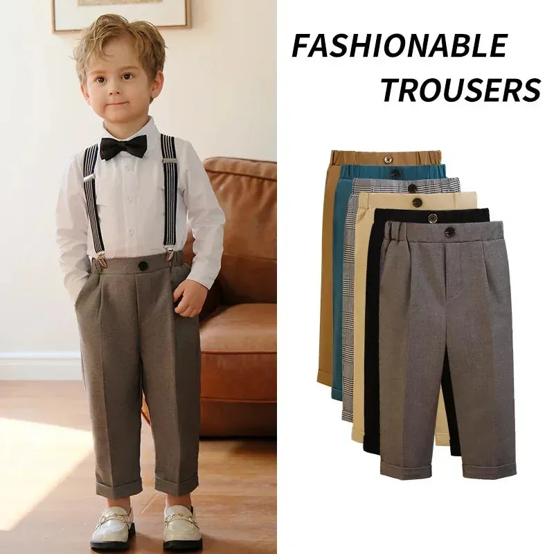 Boy Suit Bib Pants Solid All-match School Uniform Trousers for Children Formal Wedding Pants Khaki Gentlemen Performance Costume