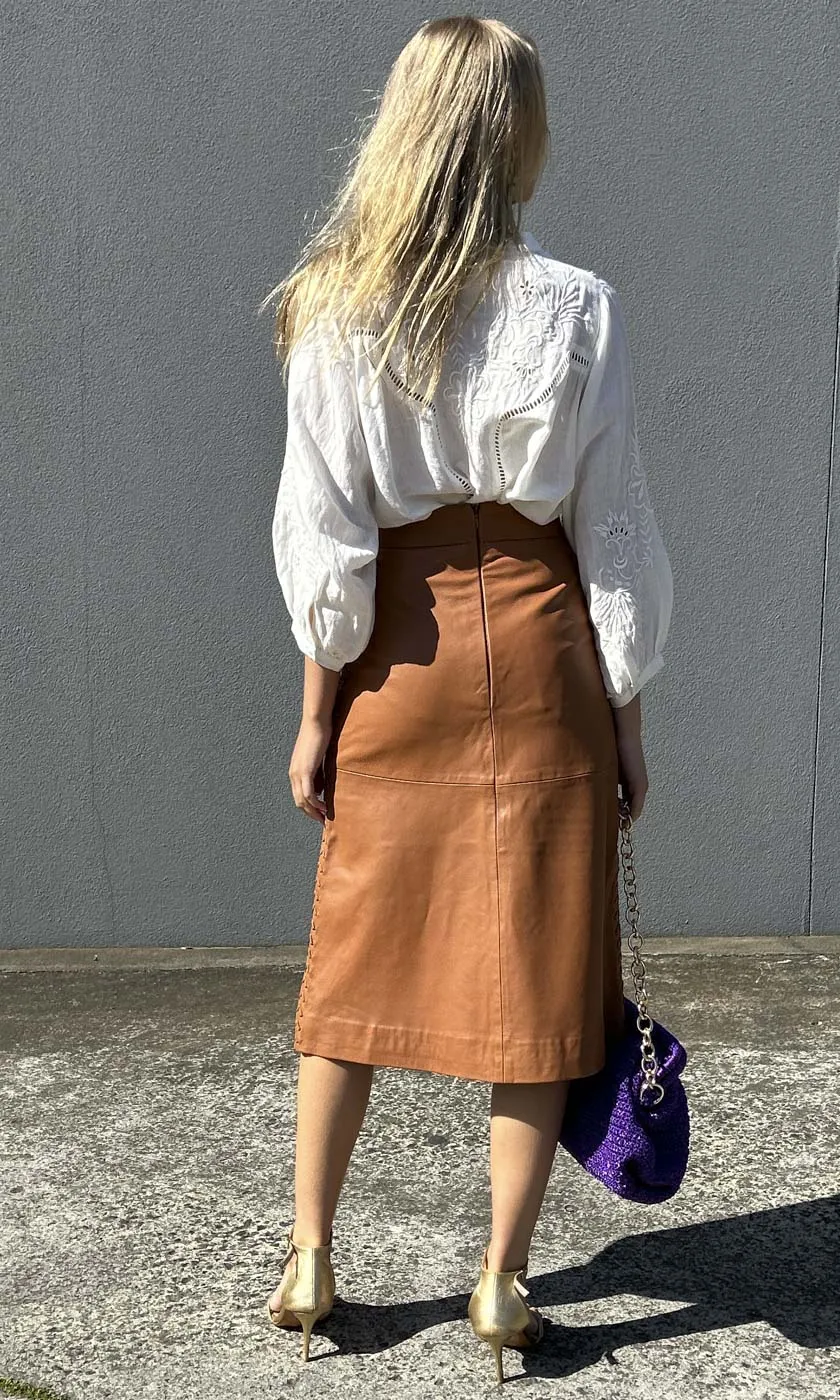 Braided Almond Leather Midi Skirt