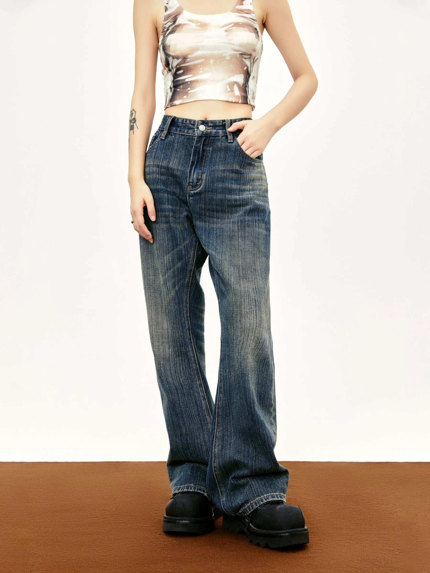 Classic Washed & Whisker Flare Leg Jeans