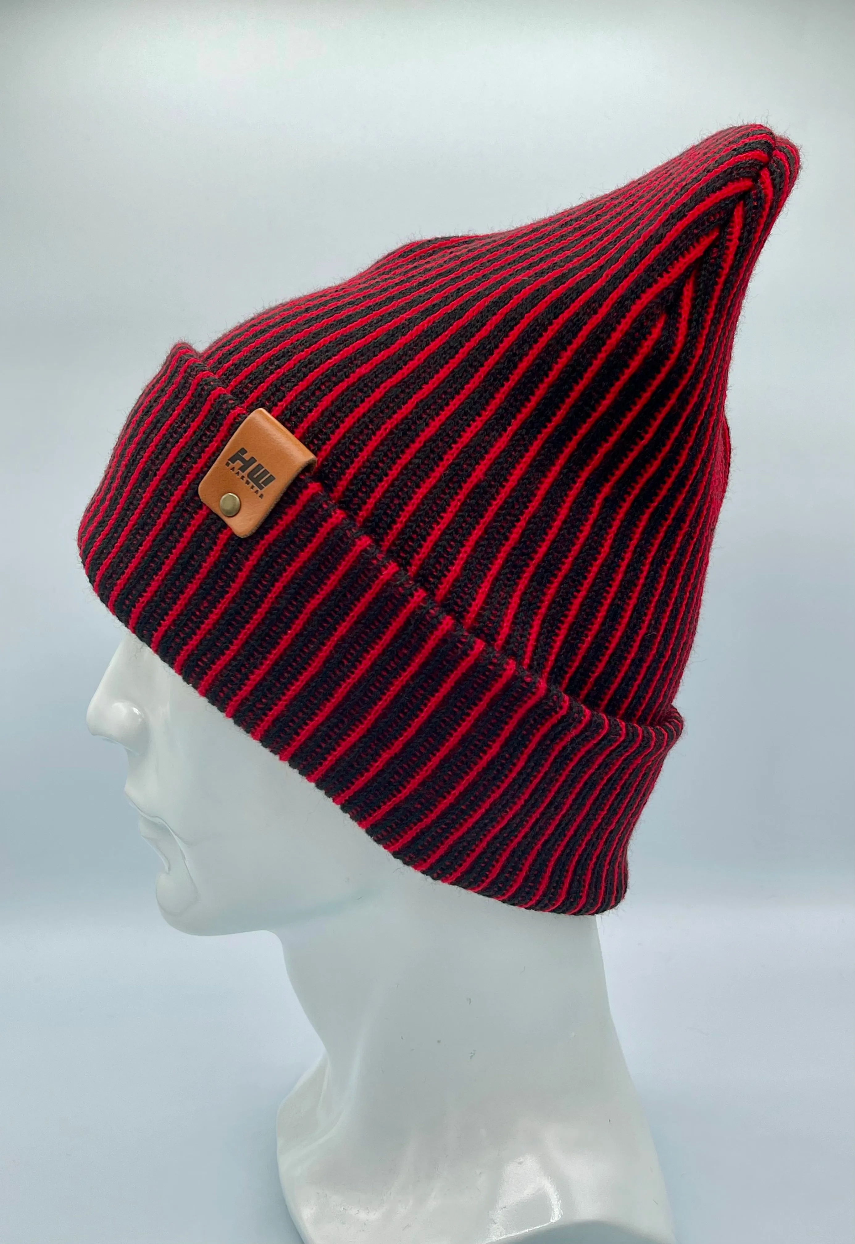 CTD501 HAAKWEAR Cuffed Wide Ribbed Striped Beanie / Hat, Limited Edition, Red/Black, Made in USA