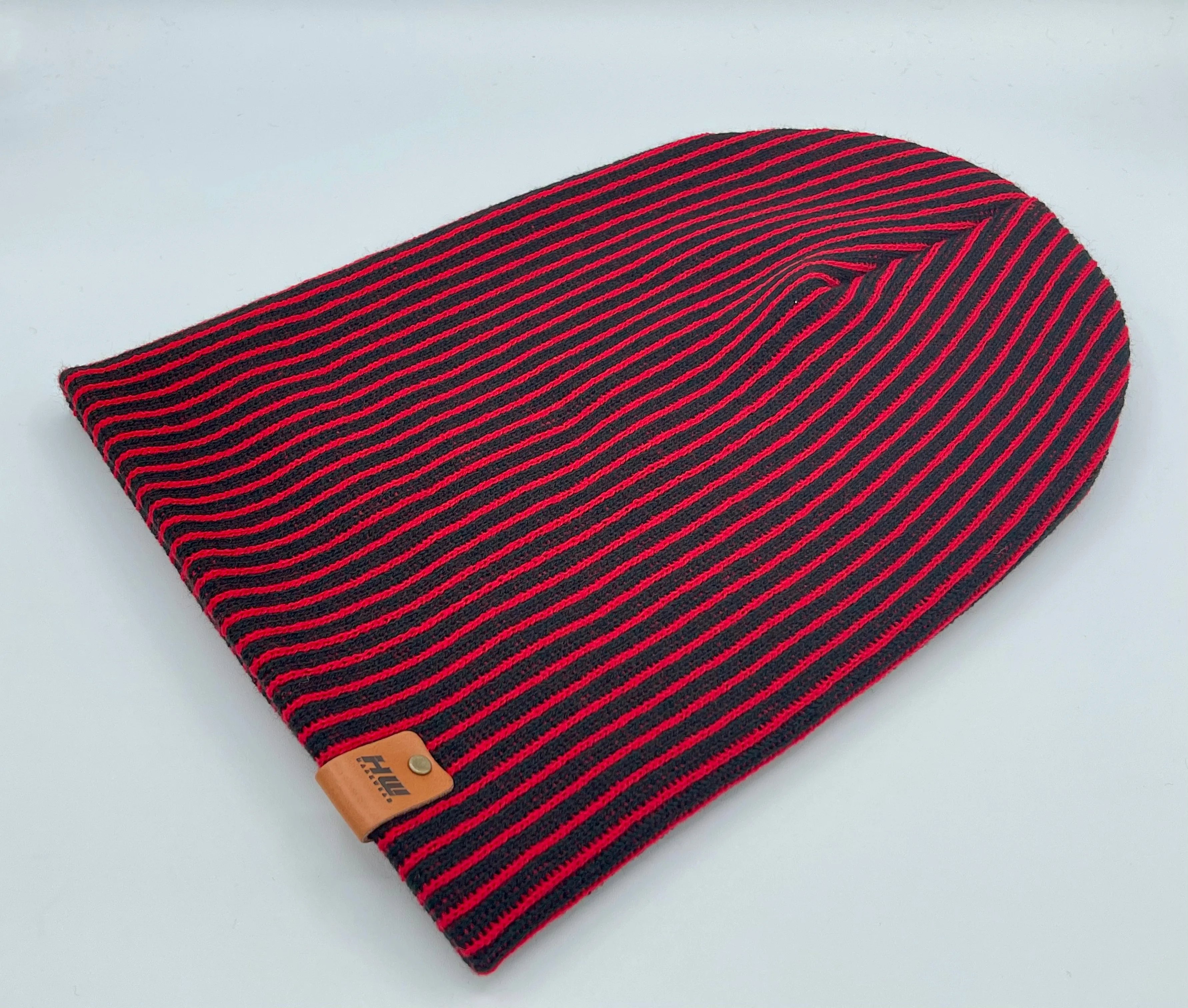 CTD501 HAAKWEAR Cuffed Wide Ribbed Striped Beanie / Hat, Limited Edition, Red/Black, Made in USA