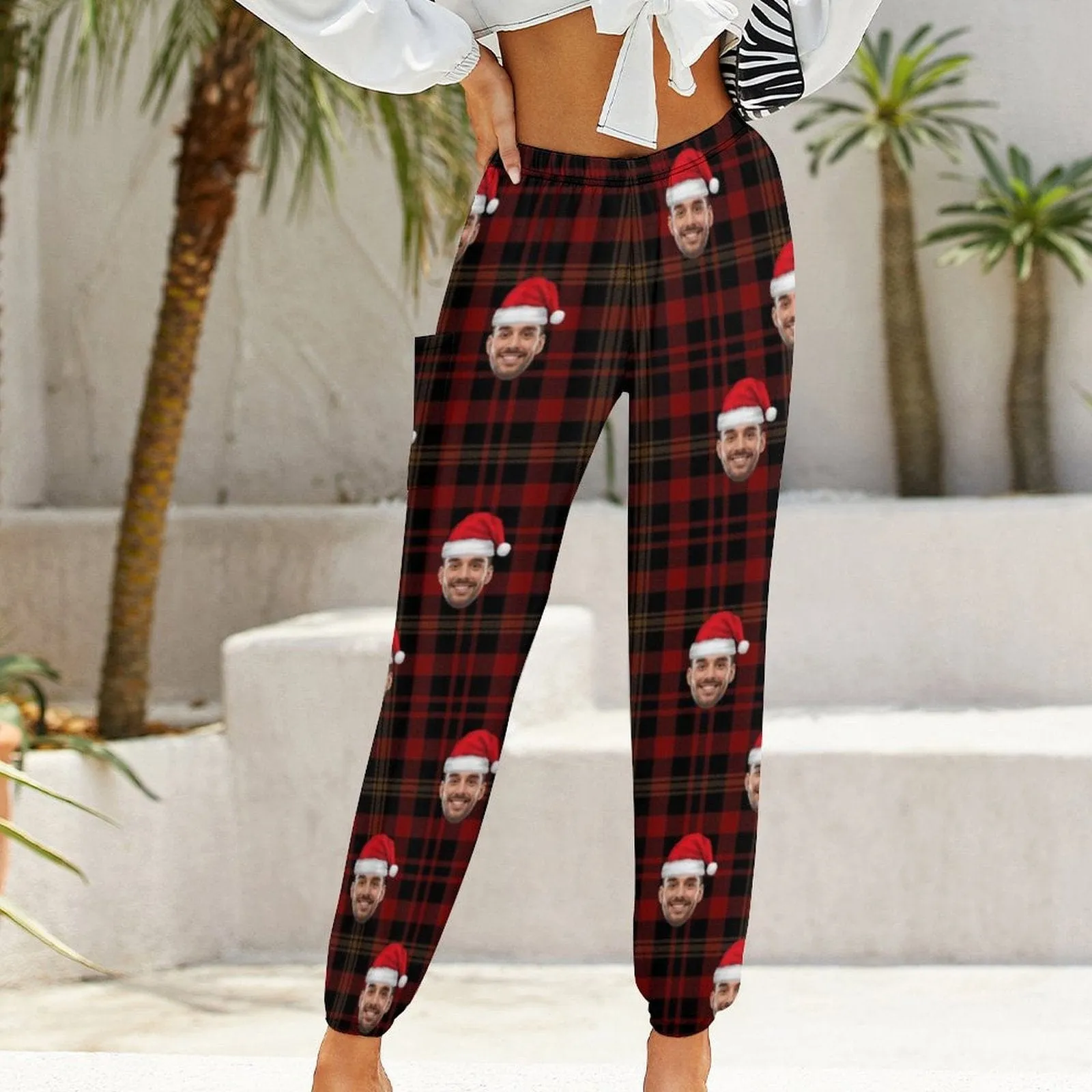 Custom Face Christmas Red Hat Lattice Women's Jogger Casual Trousers Elastic Waist Sports Pants With Pocket