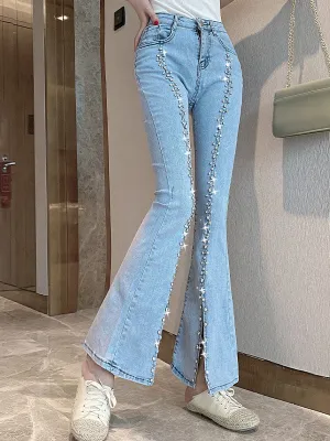 Diamante Detail Split Flare Jeans