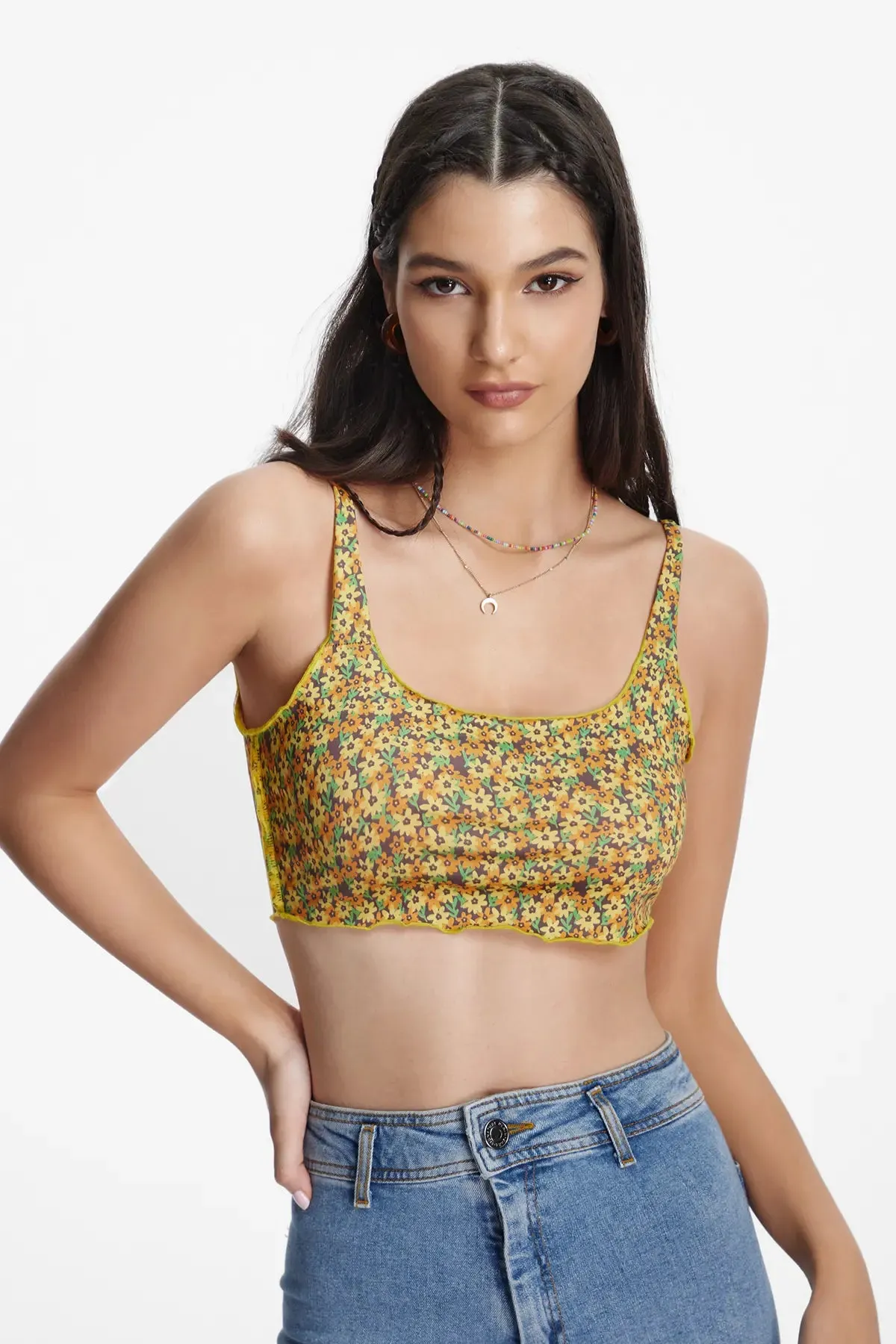 Ditsy Floral  Lettuce Trim Crop Cami Top