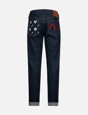 Eagle and Kamon-pattern Pocket Carrot-Fit Jeans #2017