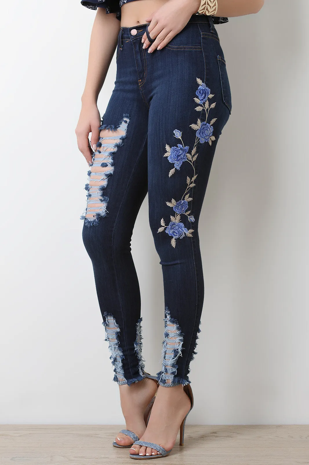 Floral Embroidery Distress Denim Jeans