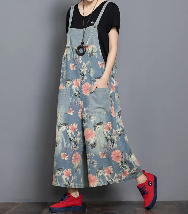 Floral Loose Denim Casual Spring Denim Overall Women Jumpsuits QY14