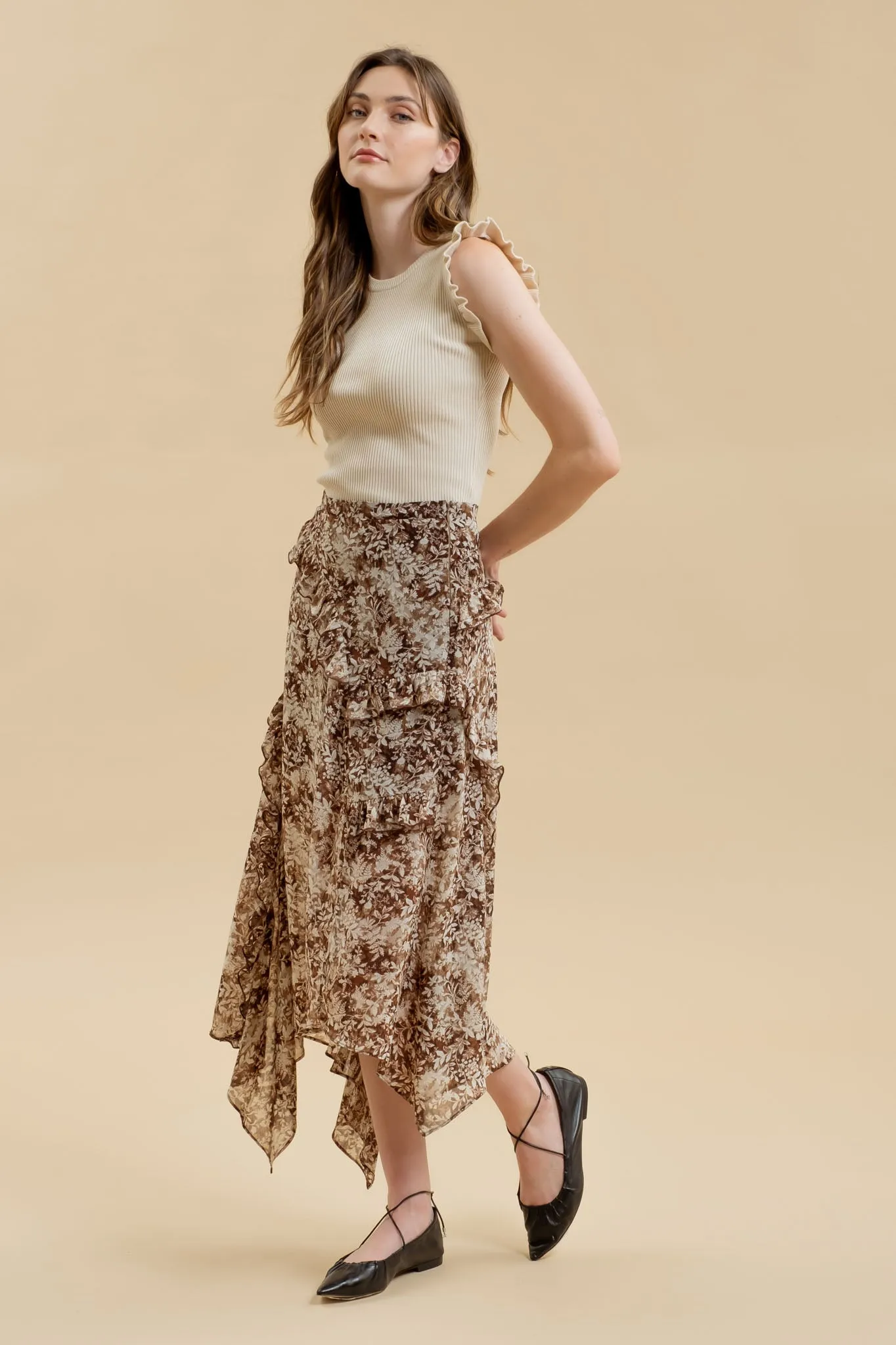 FLORAL RUFFLED SPLIT THIGH HANDKERCHIEF MIDI SKIRT