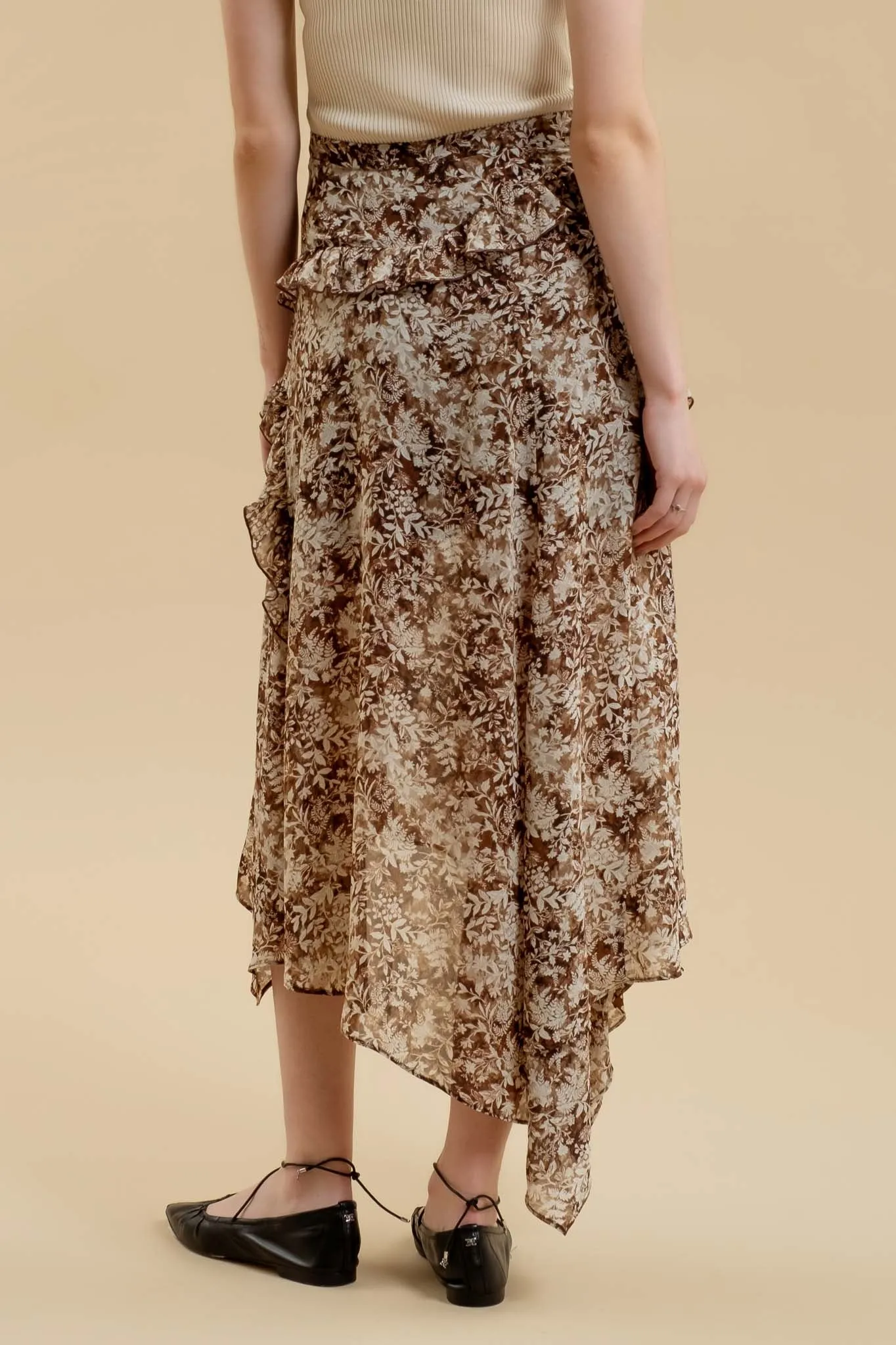 FLORAL RUFFLED SPLIT THIGH HANDKERCHIEF MIDI SKIRT