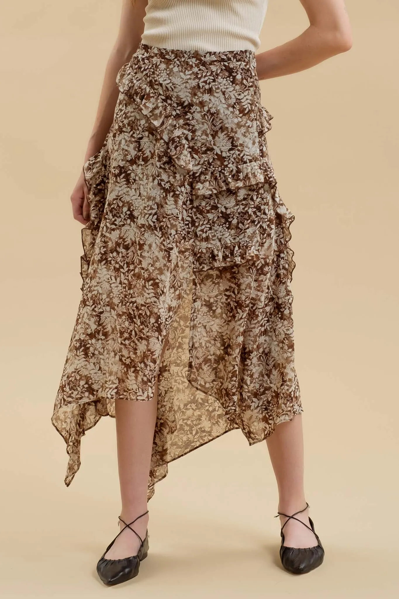 FLORAL RUFFLED SPLIT THIGH HANDKERCHIEF MIDI SKIRT