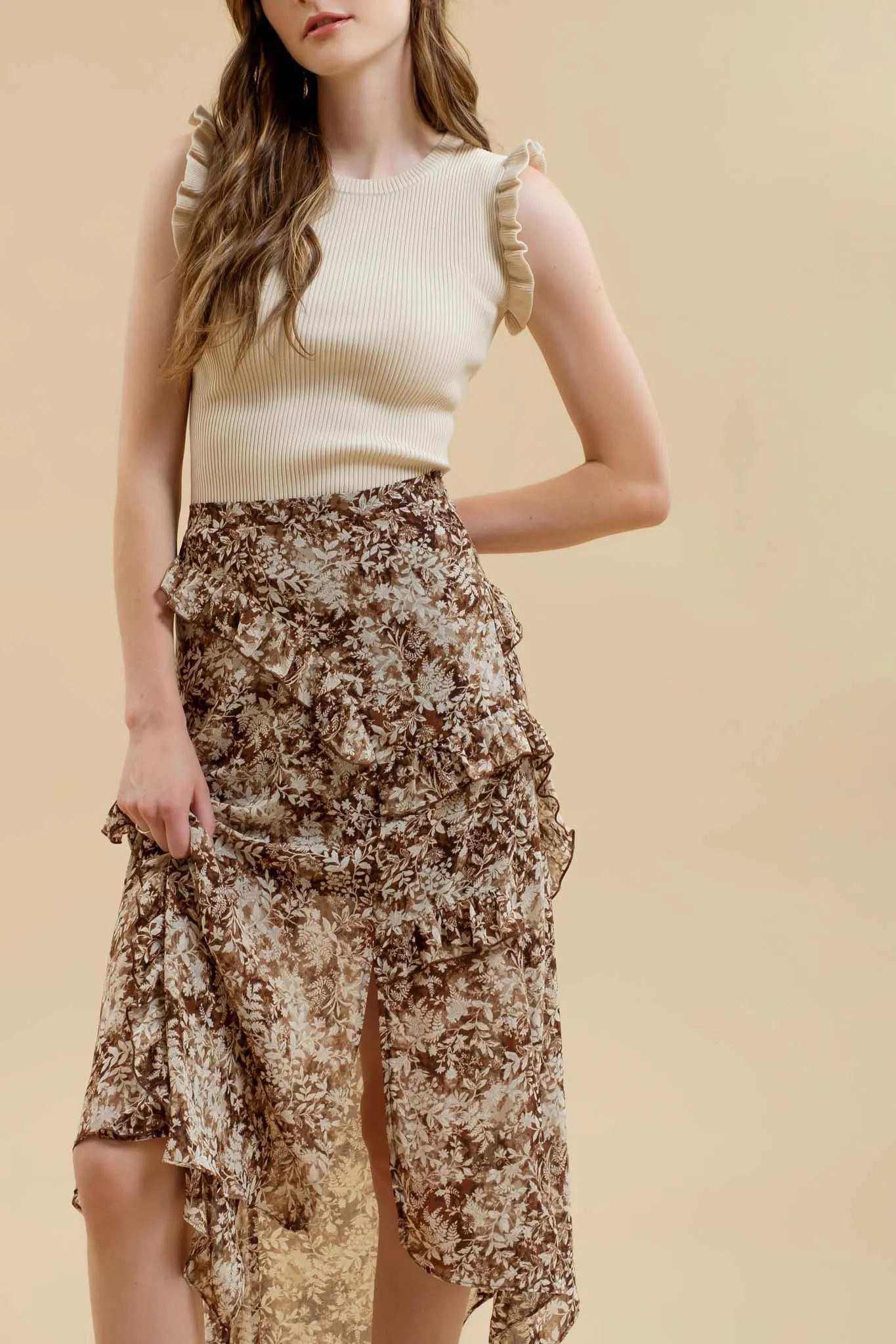 FLORAL RUFFLED SPLIT THIGH HANDKERCHIEF MIDI SKIRT