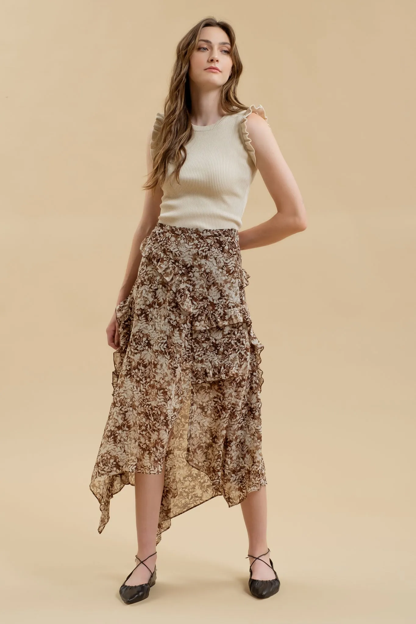 FLORAL RUFFLED SPLIT THIGH HANDKERCHIEF MIDI SKIRT