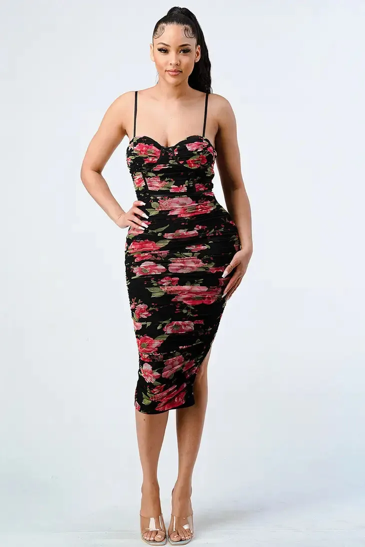 Floral Sweetheart Contrast Ruched Midi Dress