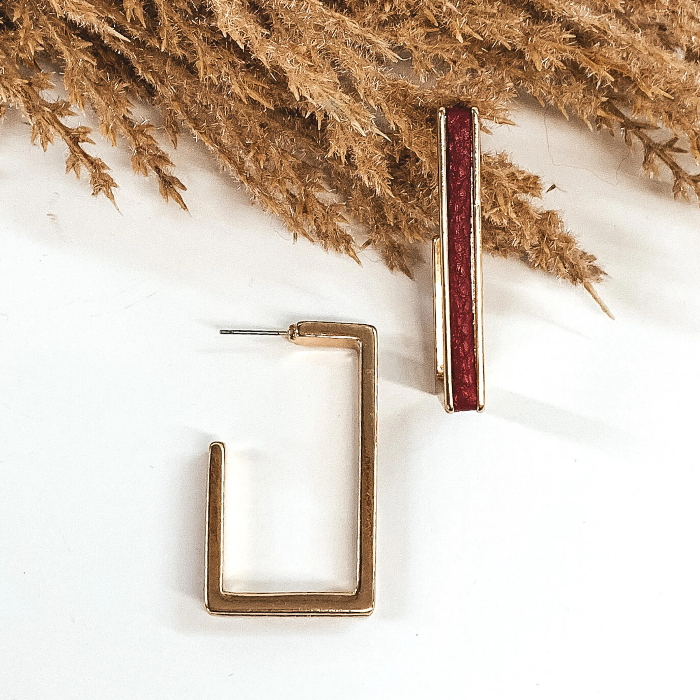 Gold Rectangle Hoops with Leather Inlay in Red