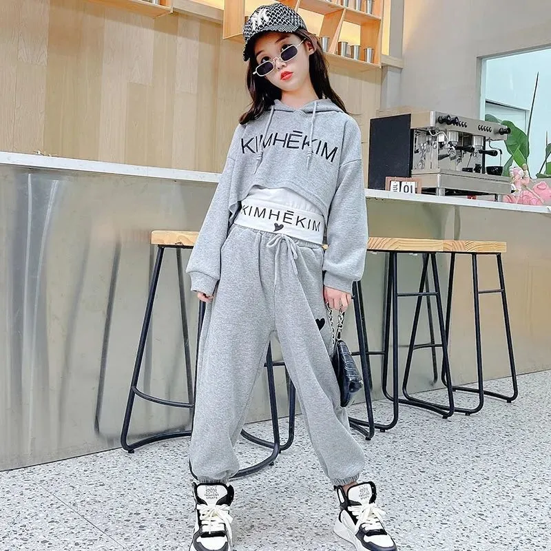 #H3381 Girls Hip Hop Fashion Tracksuit - 3pcs Vest Hoodie Pants- 5-14 Years