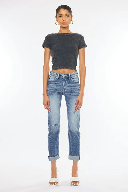 High Rise Cuffed Slim Straight Jeans