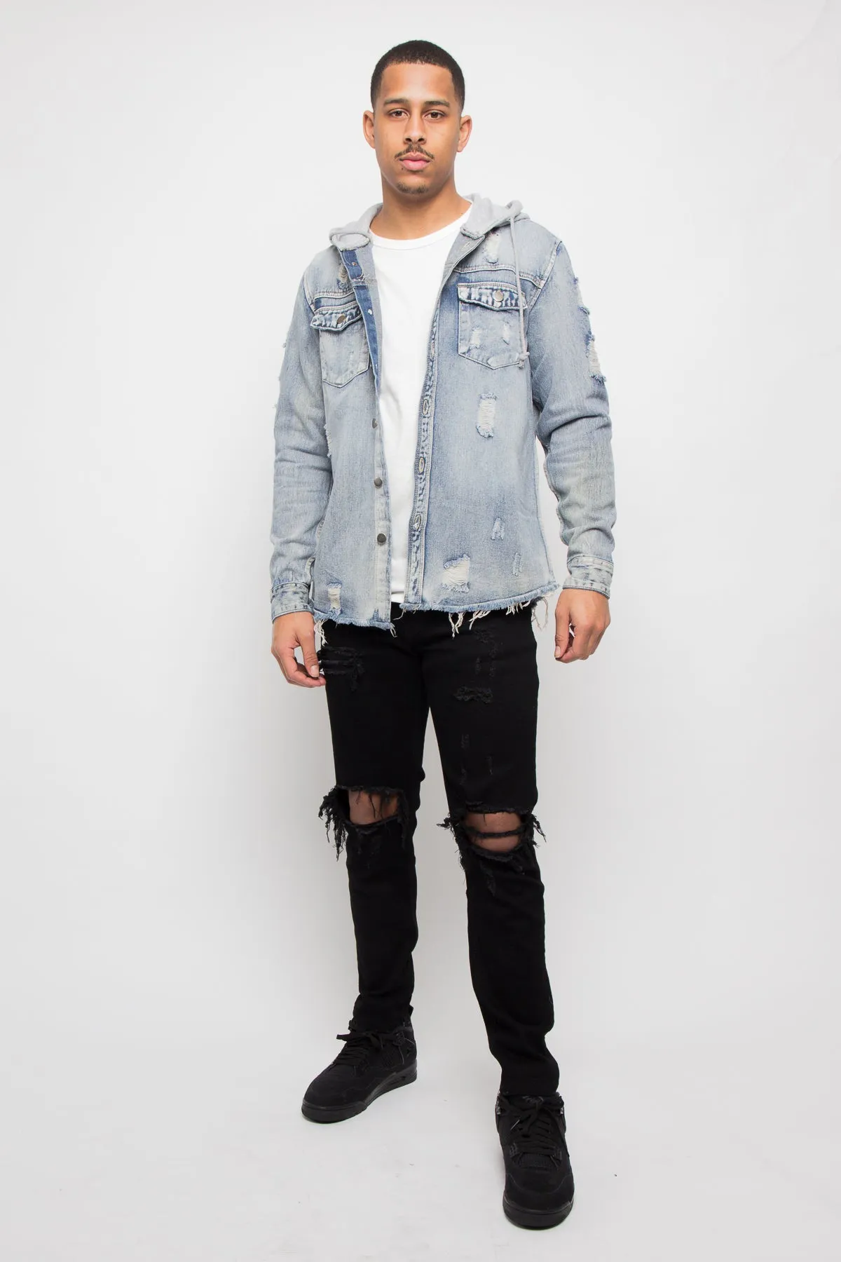 Hooded Distressed Denim Button Up Shirt