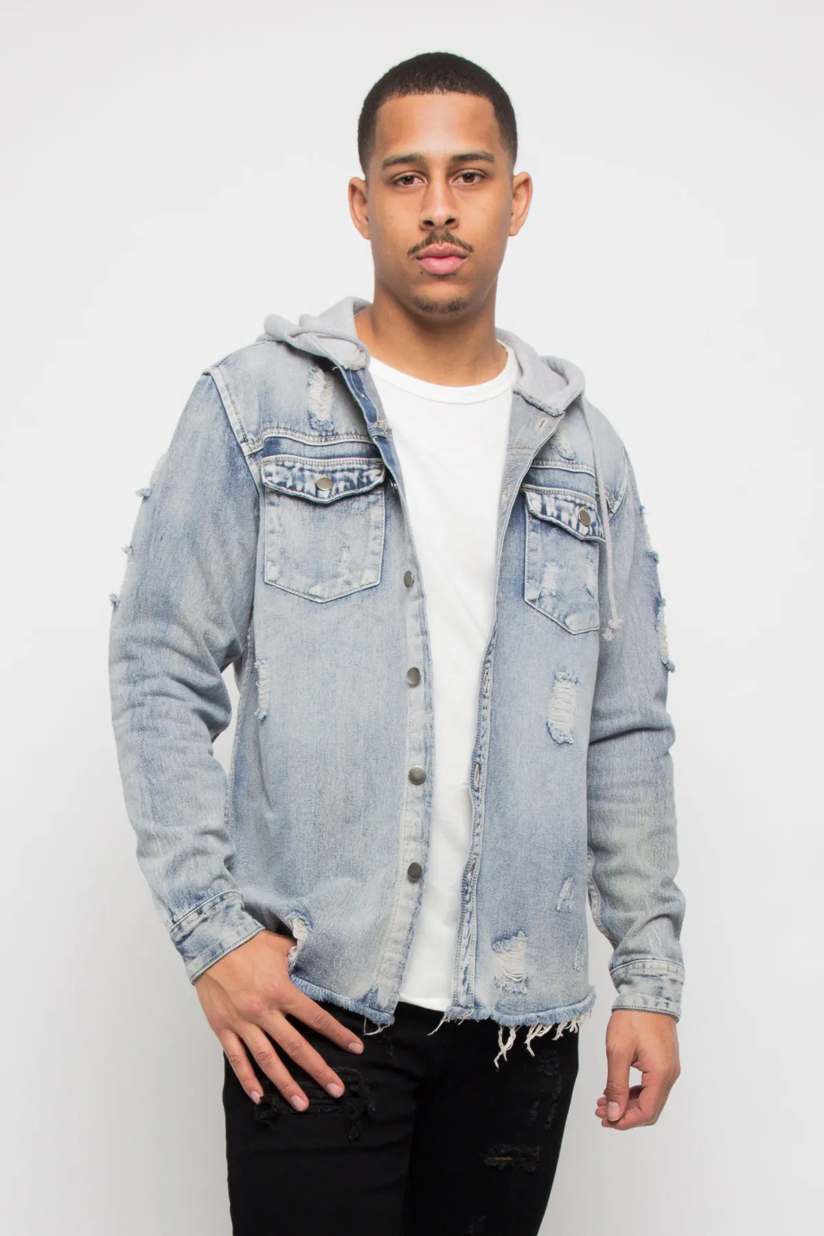 Hooded Distressed Denim Button Up Shirt