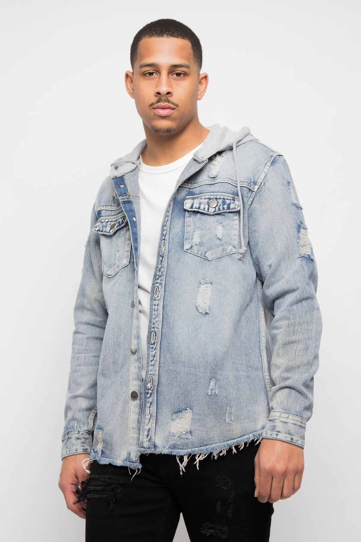 Hooded Distressed Denim Button Up Shirt