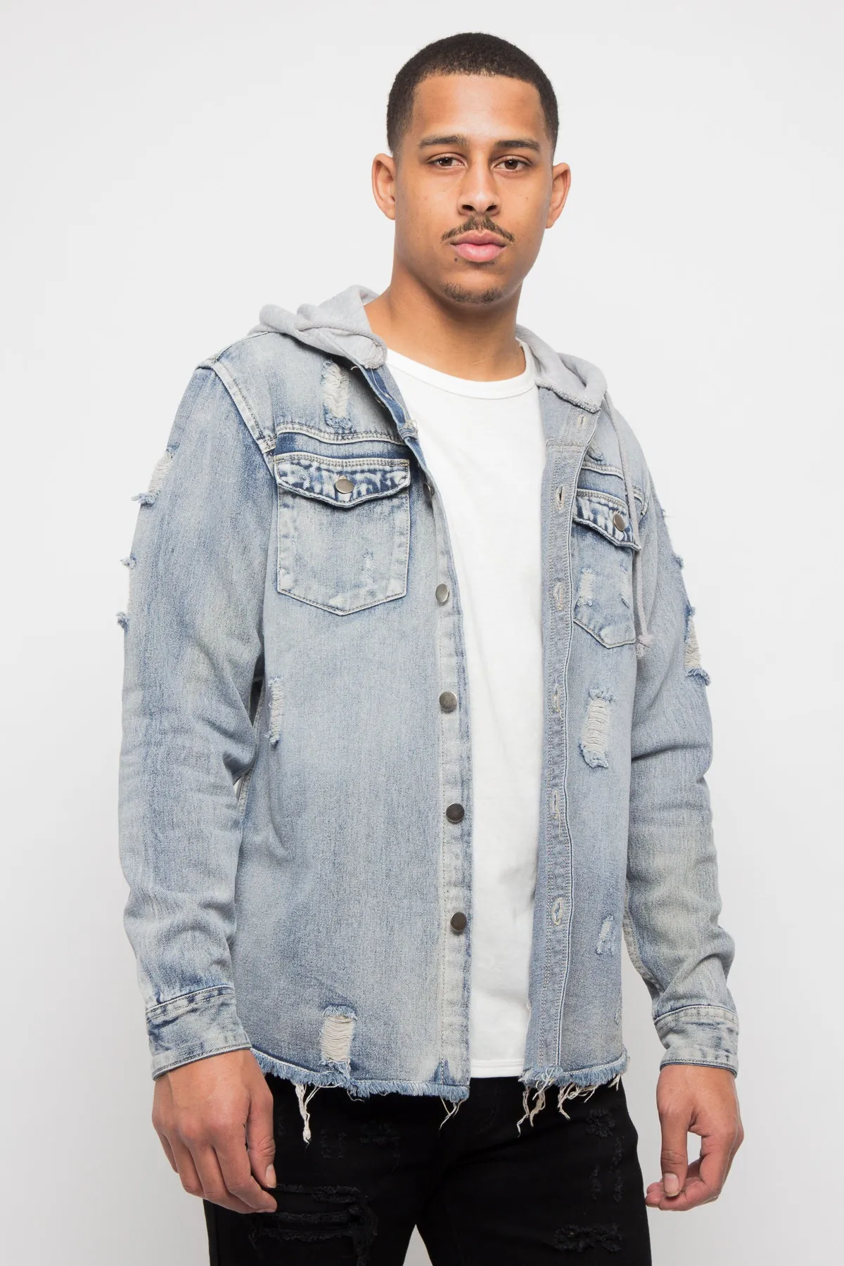 Hooded Distressed Denim Button Up Shirt