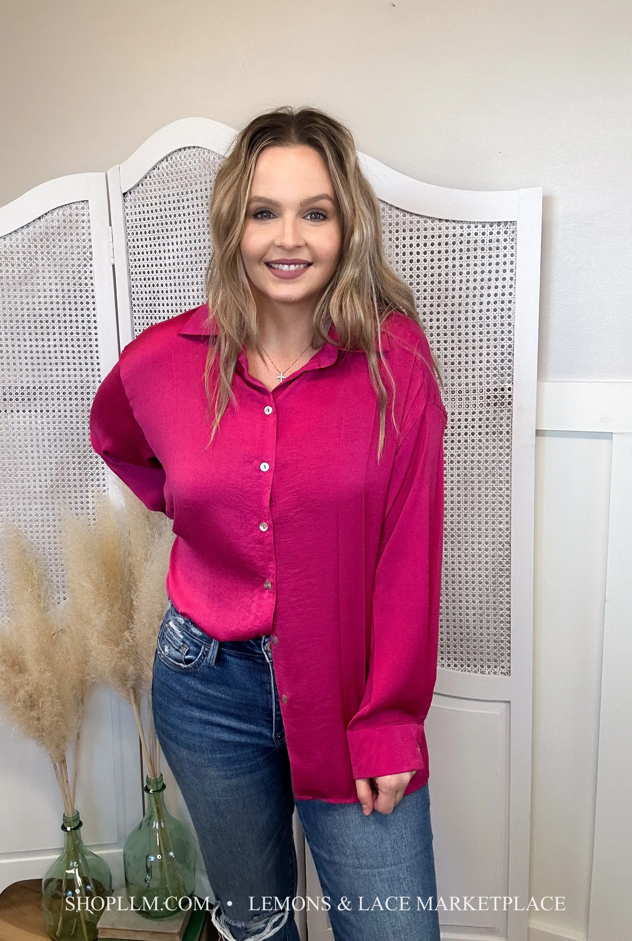 Hot Pink Satin Button Down Shirt