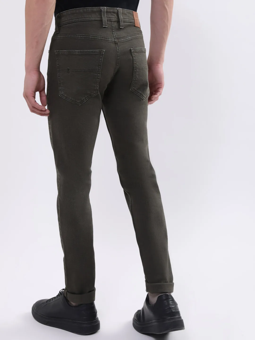 Iconic Men Olive Embroidered Slim Fit Jeans