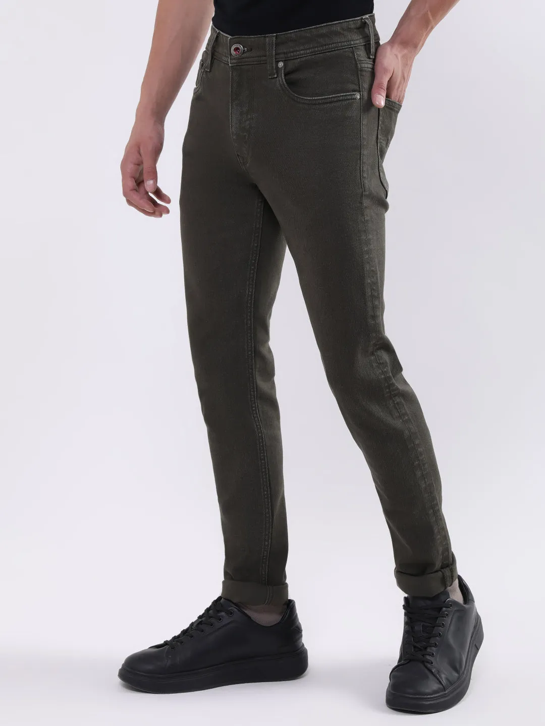 Iconic Men Olive Embroidered Slim Fit Jeans