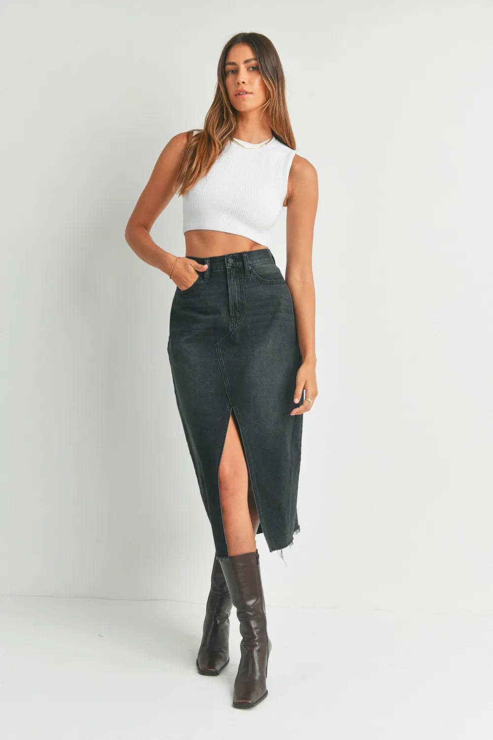 Just Usa-Open Slit Midi Skirt-Washed Black