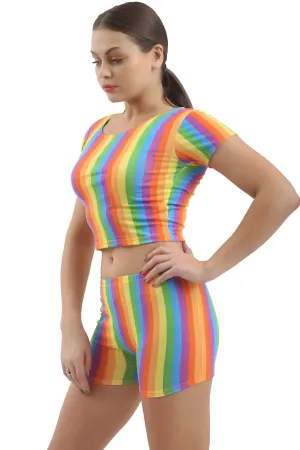 Ladies Rainbow Crop Top Short Sleeves Gay Pride Casual LGBTQ Fancy Dress Party Top