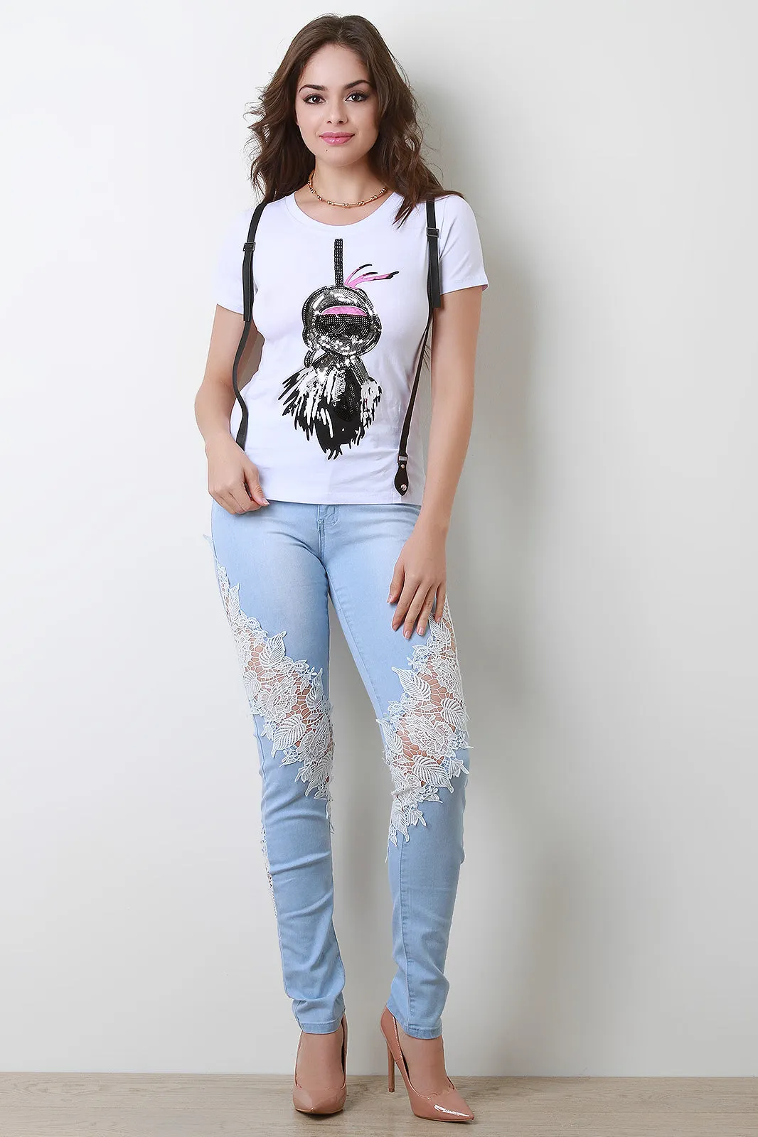 Leafy Embroidered Lace Panel Skinny Jeans