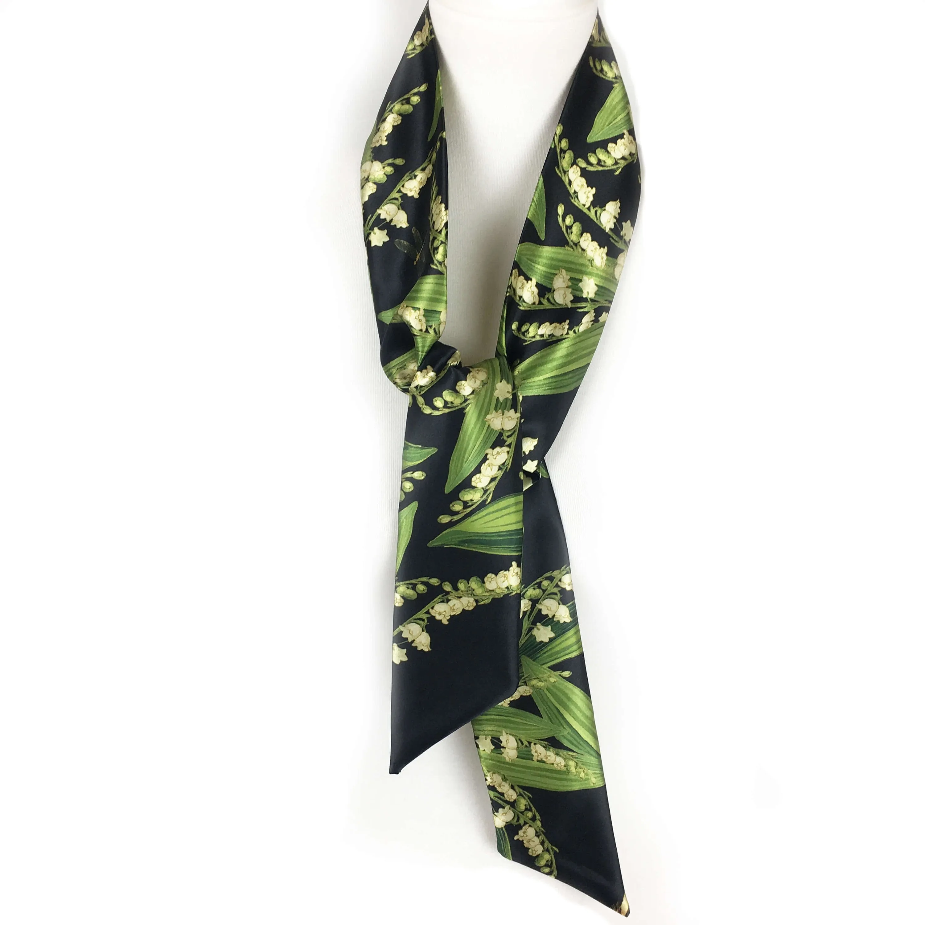 Lily-of-the-Valley Skinny Scarf,Woman Scarf, All season scarf, Lightweight Scarf,ladies scarf, artist scarf, floral scarf, satin scarf