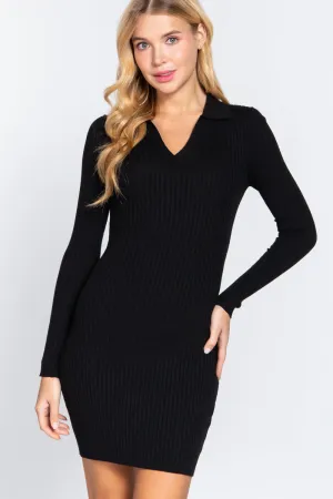 Long Slv V-neck Sweater Rib Mini Dress