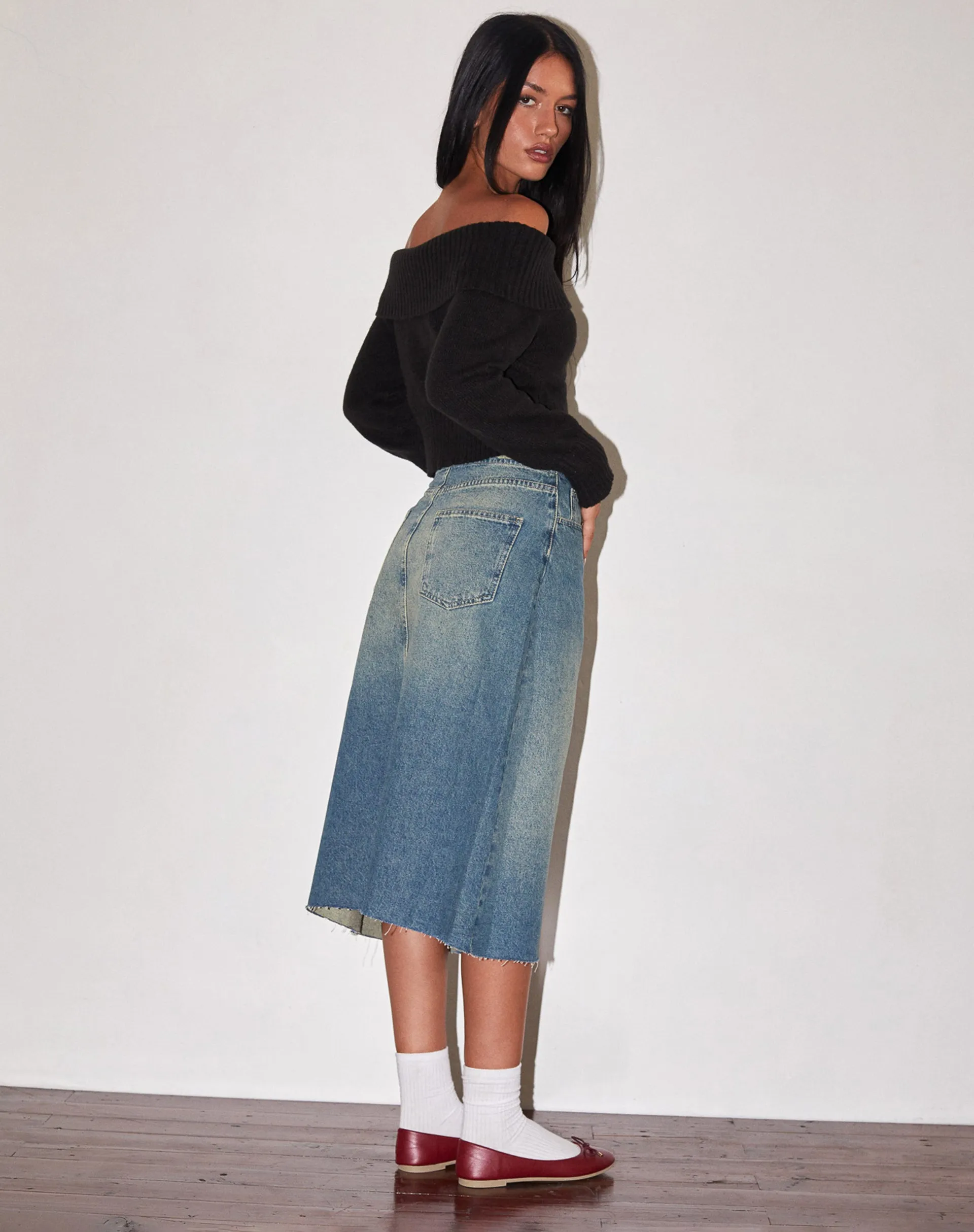 Low Rise Denim Midi Skirt in Vintage Blue Green