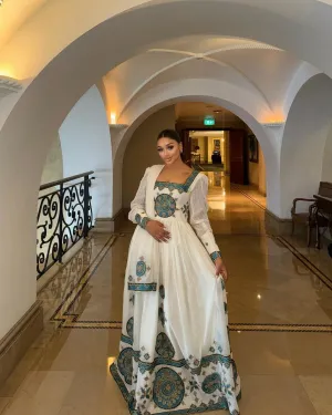 Luxurious Dark Blue Habesha Dress: Traditional Ethiopian Dress with Beautiful Handmade Embroidery