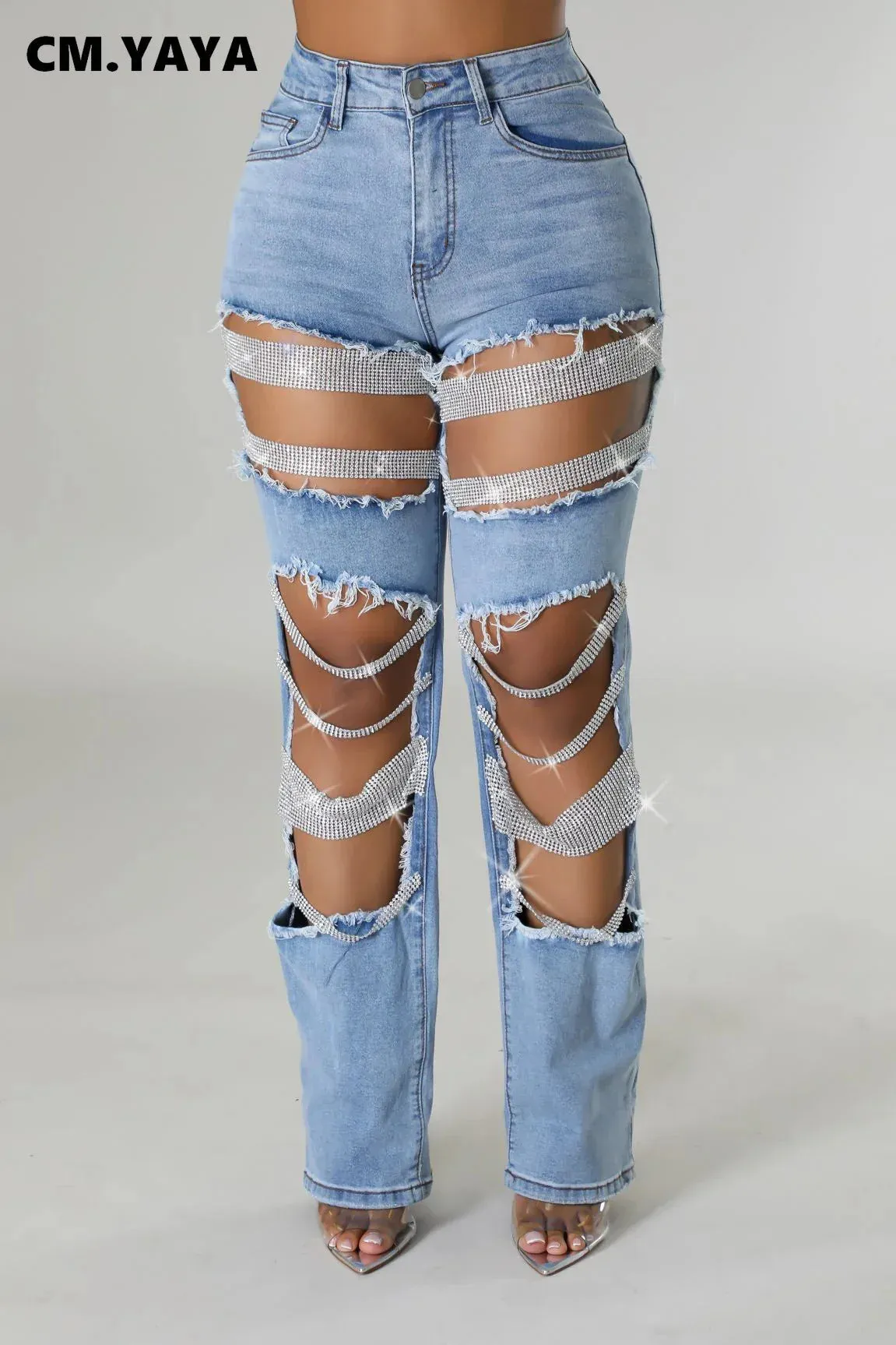 LVSANW CM.YAYA Women Fashion Pearl Beading Ripped Hollow Out Tassel Wide Leg Jeans 2024 New Summer INS Street Denim Pants Trousers