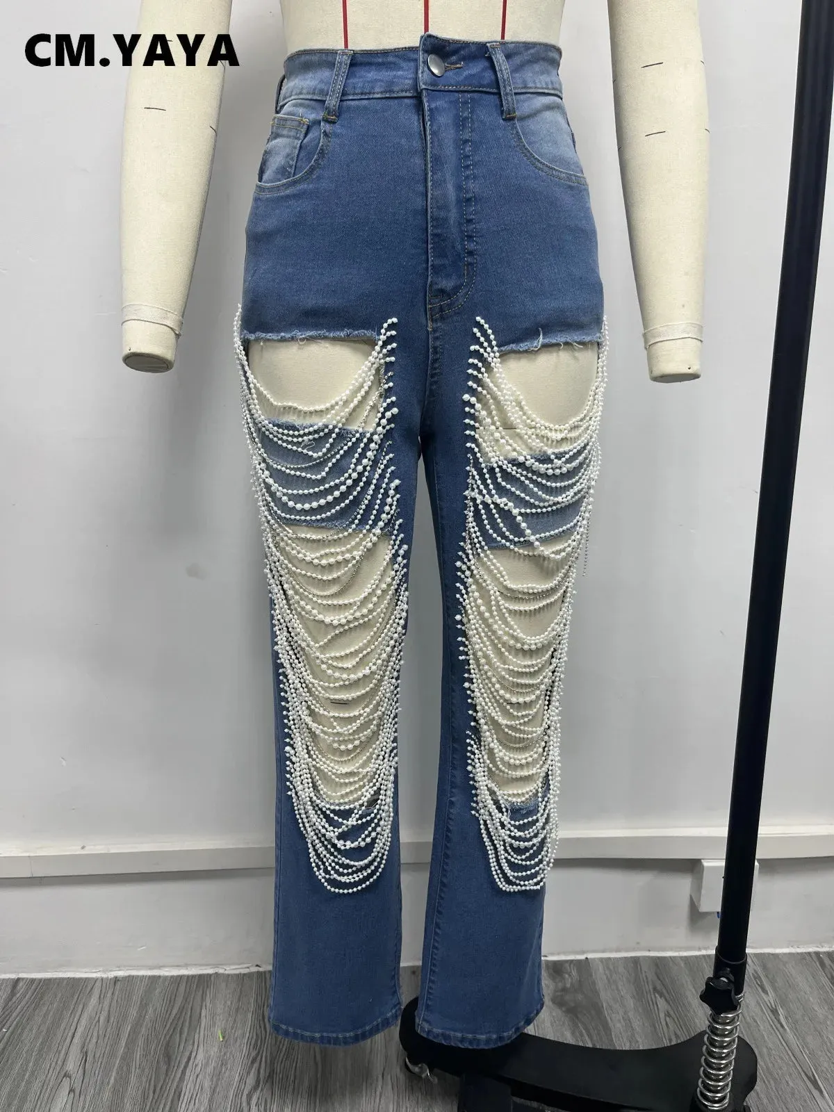 LVSANW CM.YAYA Women Fashion Pearl Beading Ripped Hollow Out Tassel Wide Leg Jeans 2024 New Summer INS Street Denim Pants Trousers