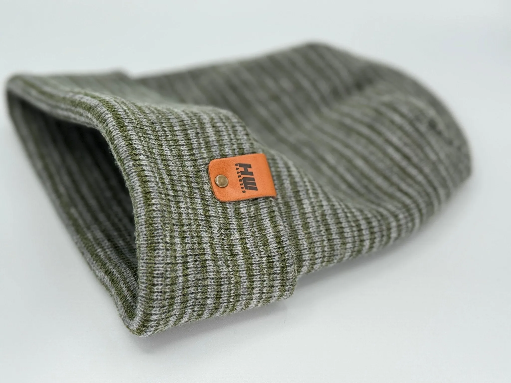 Modern Theta Stitch Contrast Cuffed Beanie (Patent Pending Design) Gray / Green, Made in USA