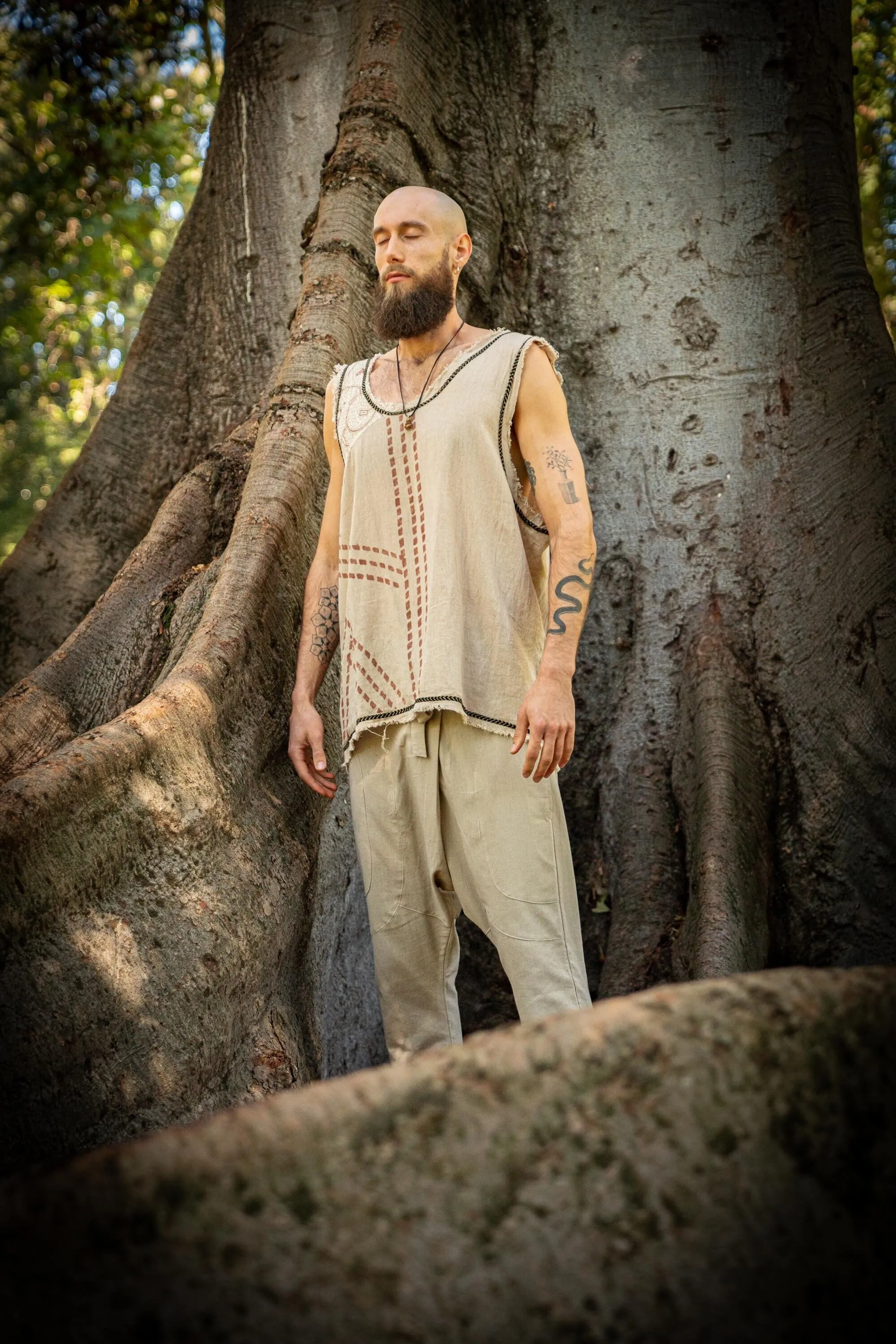 MUKTI Mens Beige Sleeveless Tank Top Shipibo and Block Print combo on cotton gypsy festival shirt ethnic eclectic Tribal breathable AJJAYA